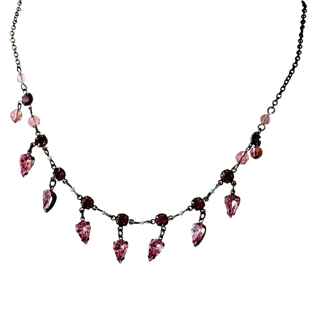 Regency style Necklace VTG Jeweled Crystal Rhinestone statement bronze lilac 90s